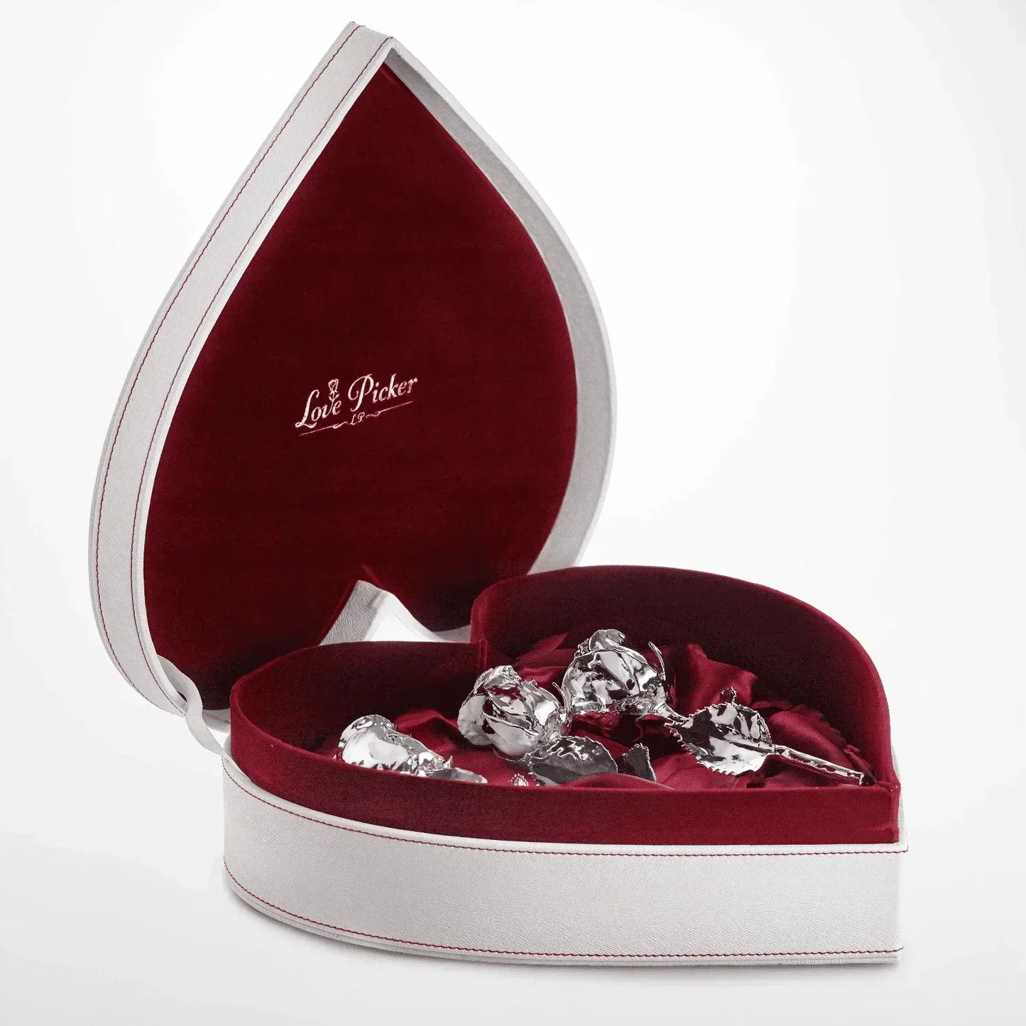 NEW - 3 Gold Dipped Roses 7" - Crimson Velvet Heart Shaped Leather Box