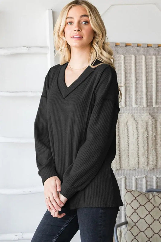 Camisetas y blusas de mujer: blusa con cuello en V - costura expuesta acanalada - camiseta de moda para el día a día