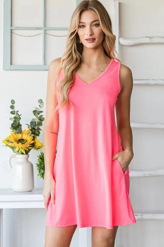 Vestidos Trendsi Heimish Vestido Mini con Cuello en V Vestido Casual sin Mangas para Mujer con Bolsillos