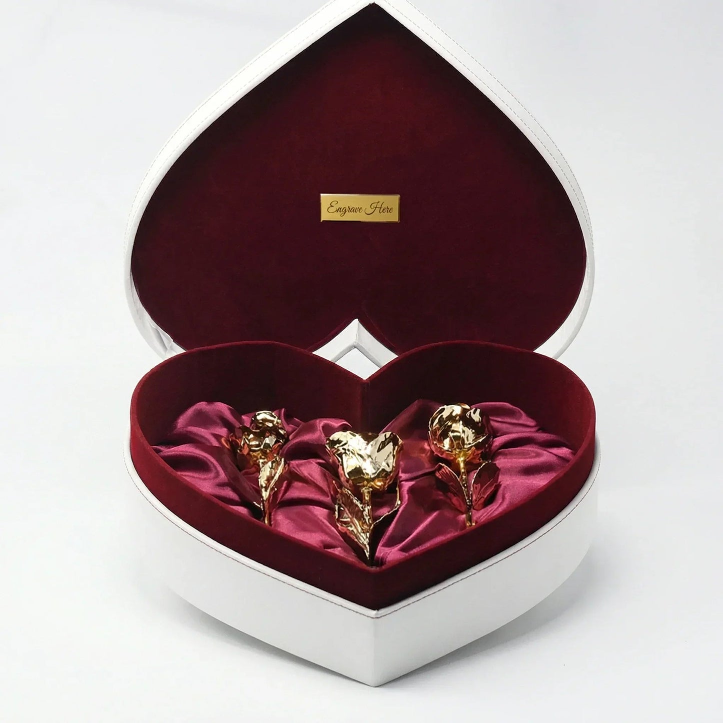 New Engraved 3 Gold Dipped Roses 7" - White Leather Crimson Red Velvet Heart-Shaped box