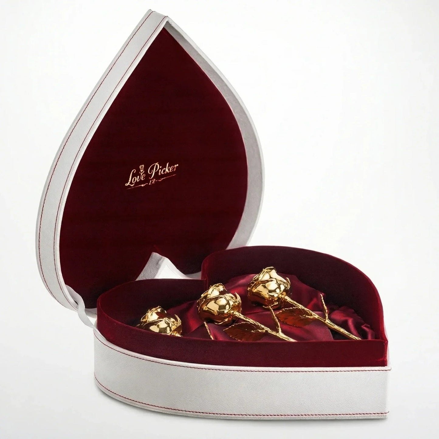 NEW - 3 Gold Dipped Roses 7" - Crimson Velvet Heart Shaped Leather Box