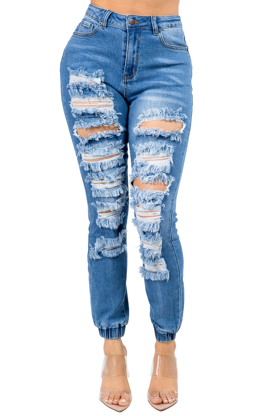 Pantalones jogger de mezclilla de tiro alto y desgastados