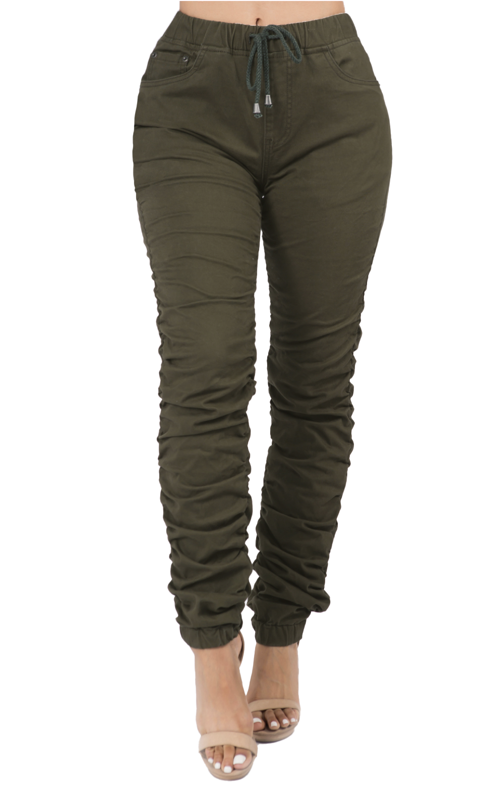 Pantalones deportivos verde oliva: Pantalones fruncidos de tiro alto