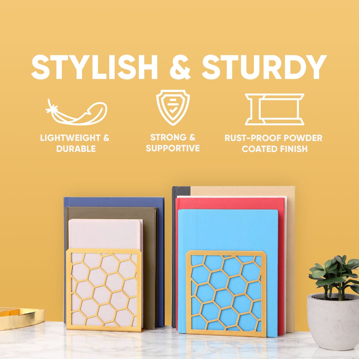 Sujetalibros metálico en forma de panal de abeja – Sujetalibros geométrico moderno