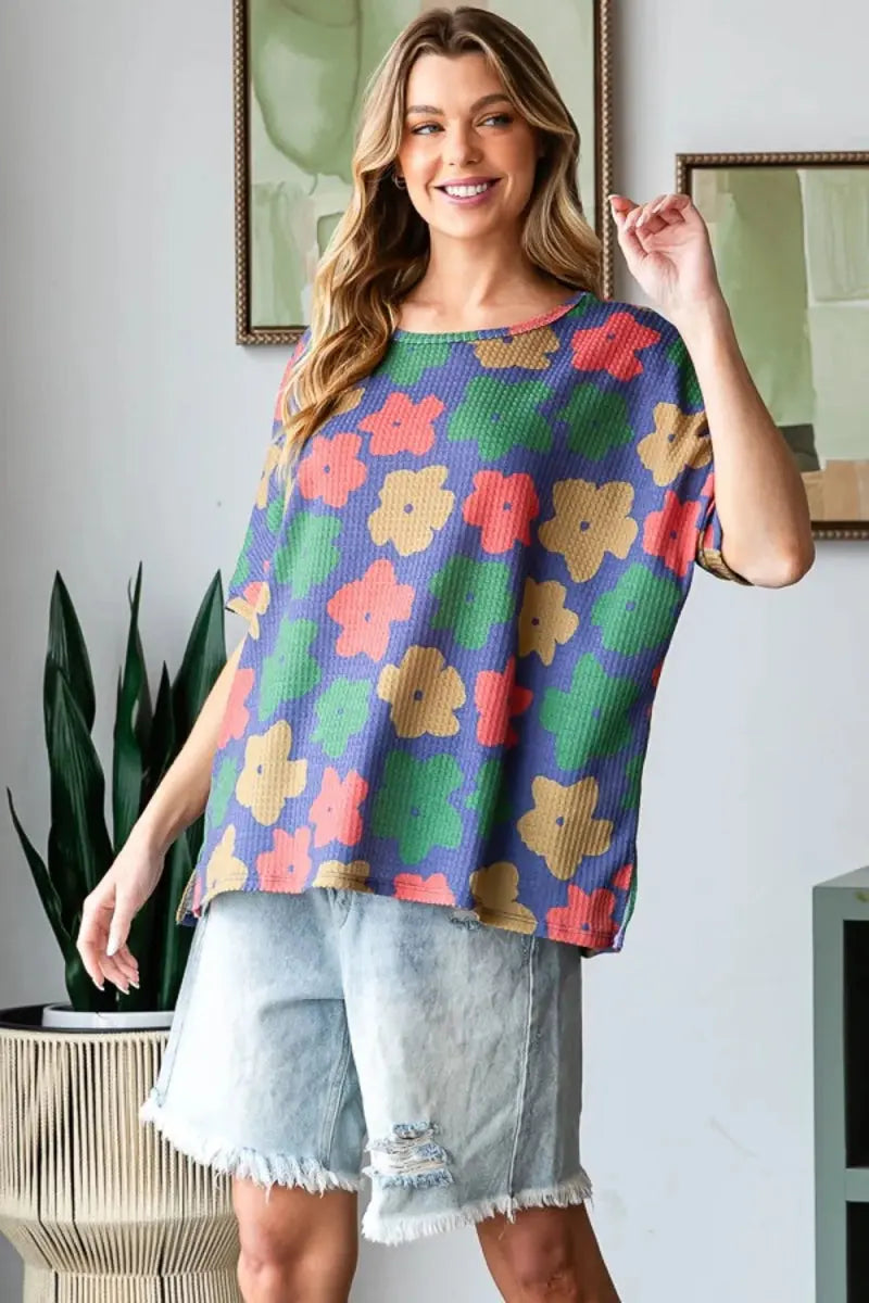 T-Shirts Trendsi Floral Round Neck Women's Tee: Casual Everyday Side Slit T-Shirt