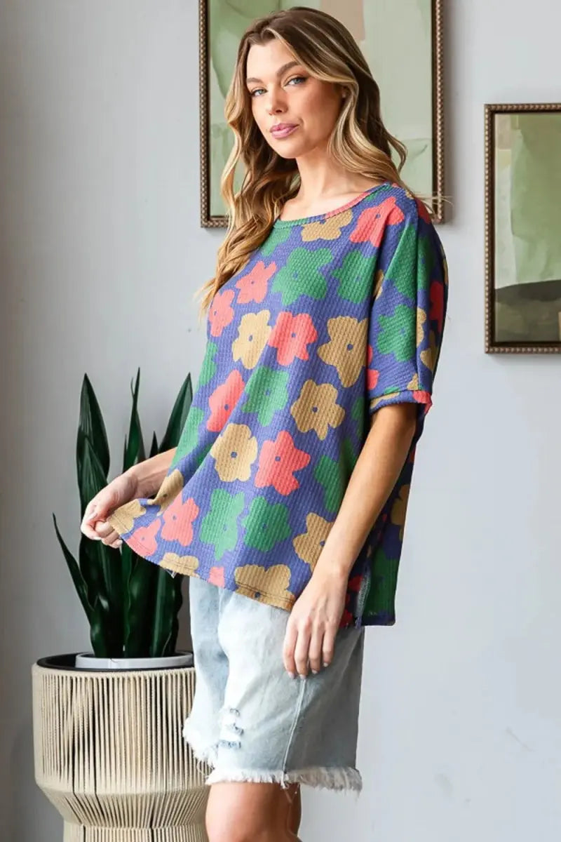 T-Shirts Trendsi Floral Round Neck Women's Tee: Casual Everyday Side Slit T-Shirt