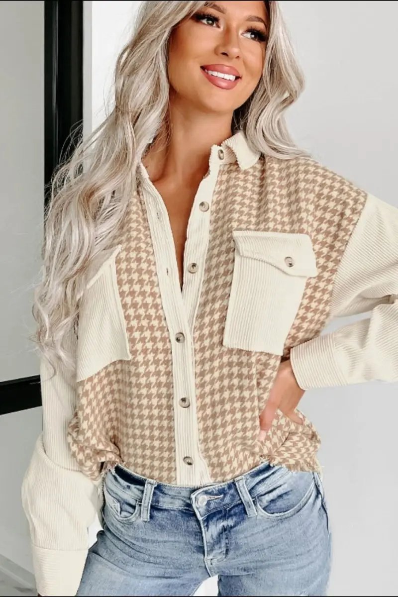 Shirts Trendsi Houndstooth Jacket Women's Fashion Layering Long Sleeve Button Up Stylish Outerwear