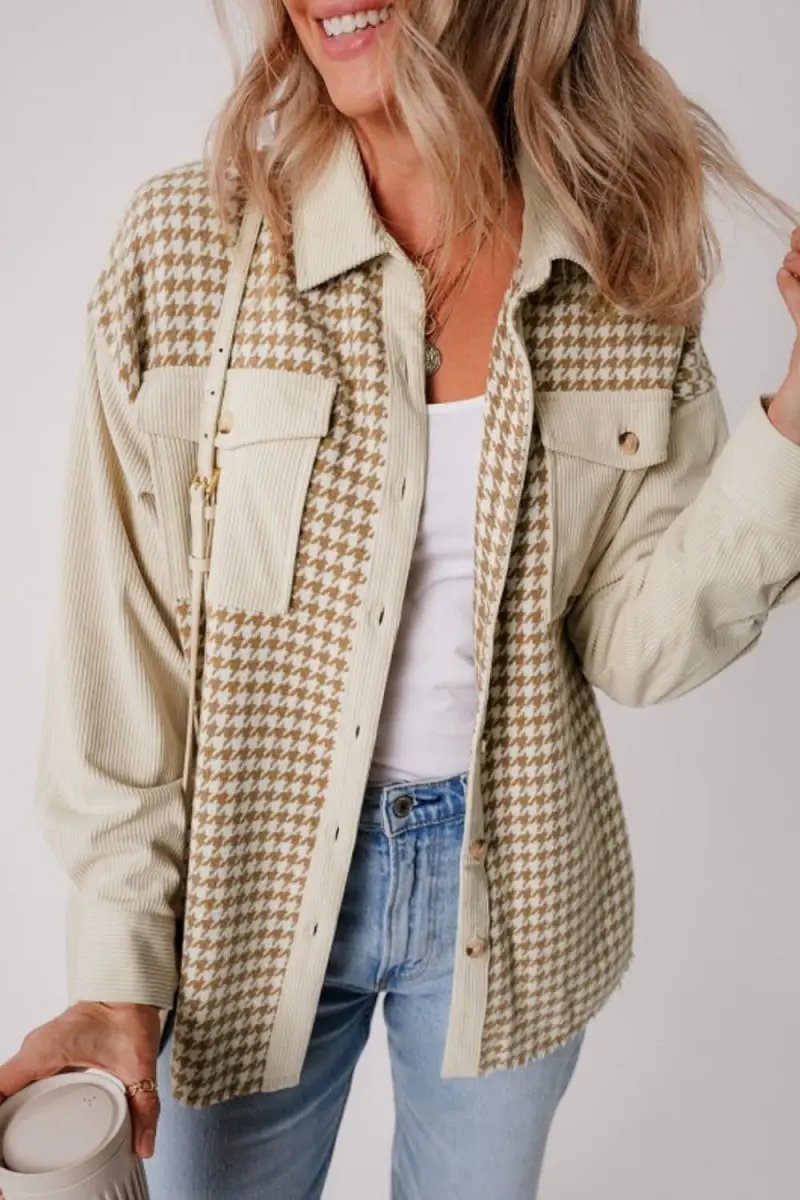 Shirts Trendsi Houndstooth Jacket Women's Fashion Layering Long Sleeve Button Up Stylish Outerwear