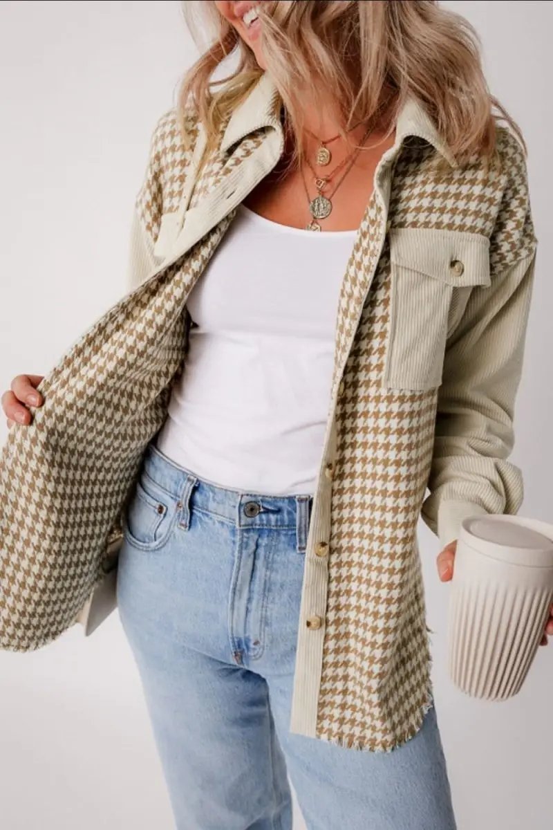 Shirts Trendsi Houndstooth Jacket Women's Fashion Layering Long Sleeve Button Up Stylish Outerwear