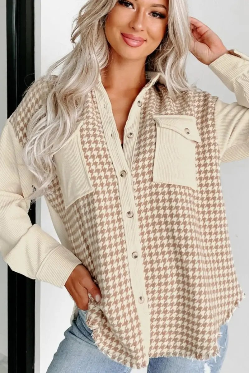 Shirts Trendsi Houndstooth Jacket Women's Fashion Layering Long Sleeve Button Up Stylish Outerwear