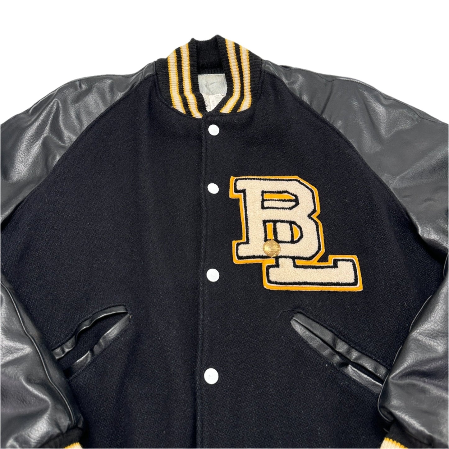 Howe's Men's Vintage Black and Gold Varsity Jacket - Size 40 (Medium)