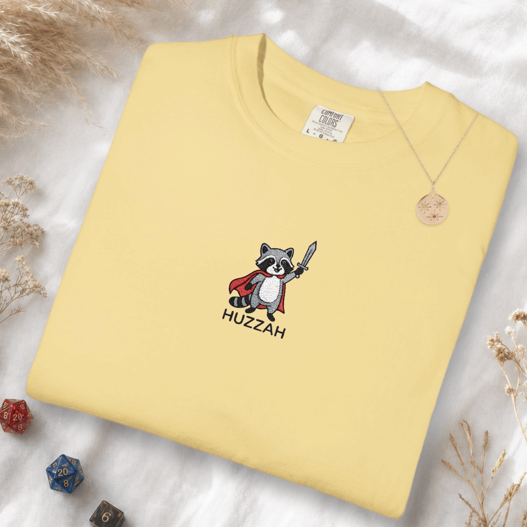 Huzzah Raccoon Embroidery T-Shirt - Comfort Colors