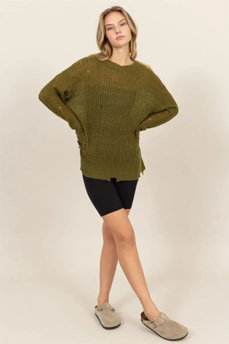 Sweaters Trendsi Distressed Knit Top Women's Casual Long Sleeve Top - Soft, USA Ship