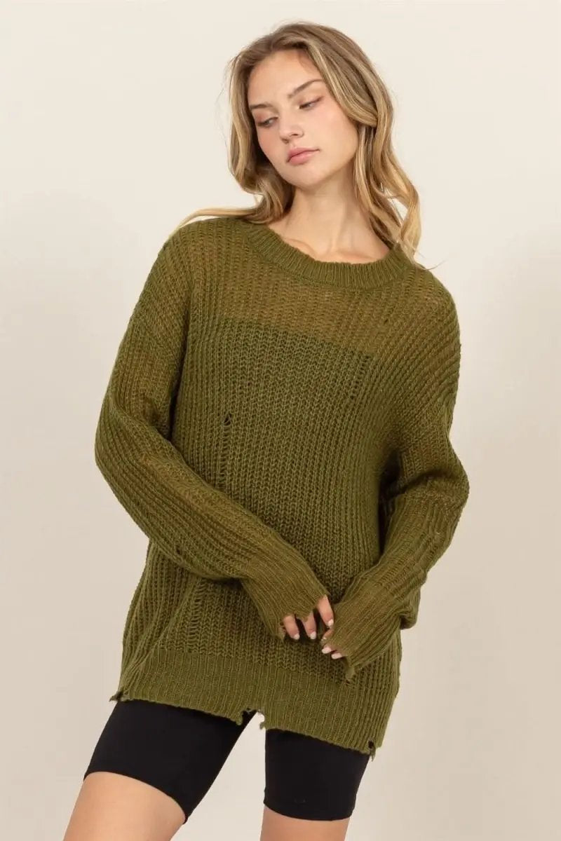 Sweaters Trendsi Distressed Knit Top Women's Casual Long Sleeve Top - Soft, USA Ship