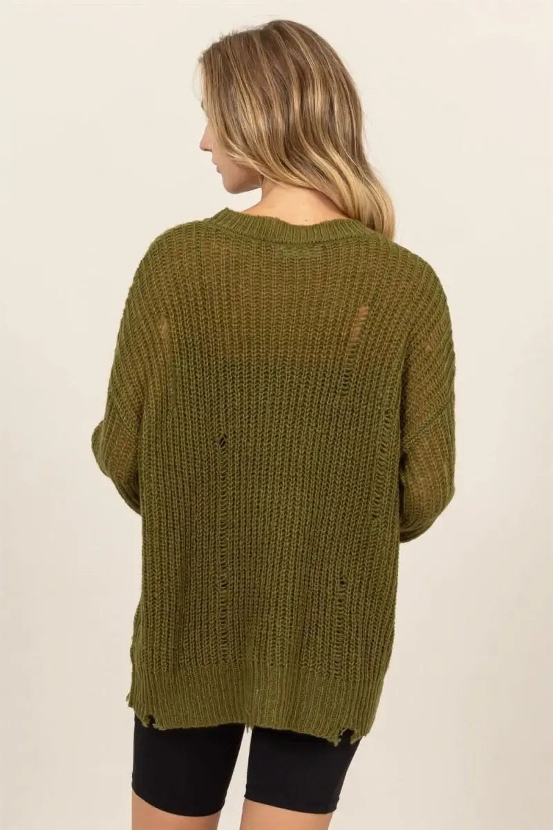 Sweaters Trendsi Distressed Knit Top Women's Casual Long Sleeve Top - Soft, USA Ship