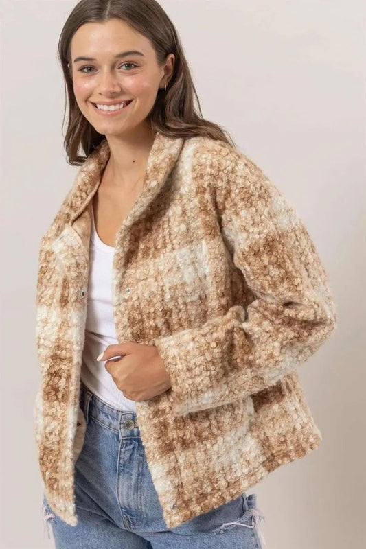 Pantalones Trendsi Chaqueta de Boucle a cuadros para mujer, ropa de abrigo de otoño, cómoda y elegante con bolsillos