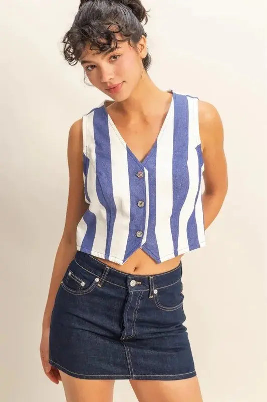 Accesorios Trendsi Chaleco a rayas tejido para mujer, blusa con cuello en V y botones - ¡Envío desde EE. UU.!