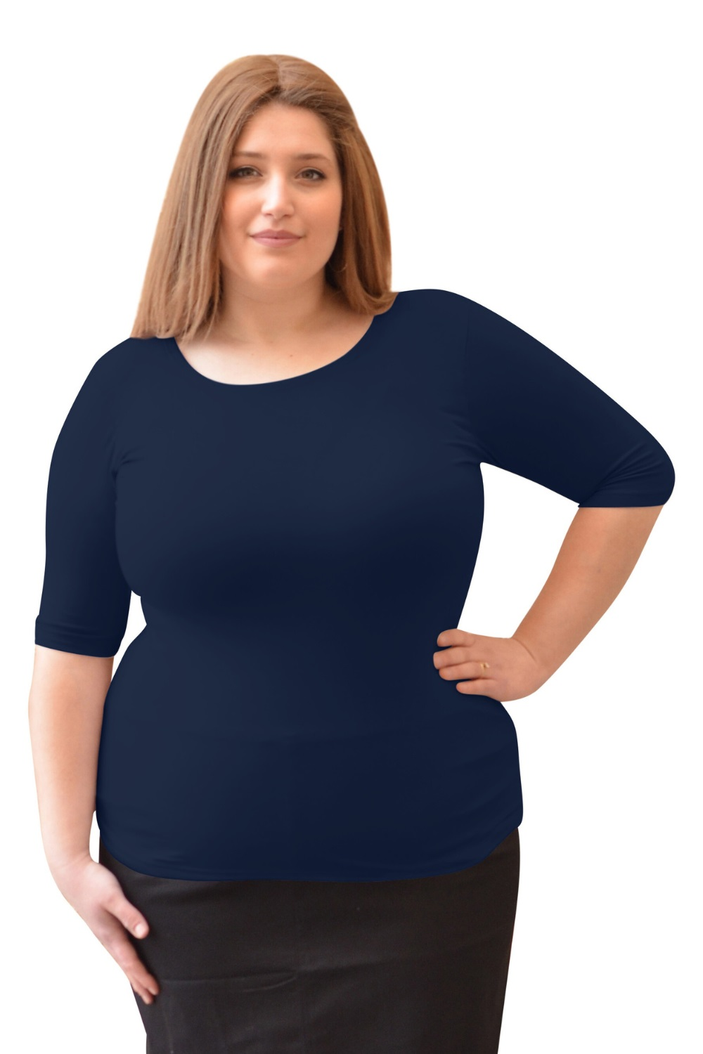 Women's and Plus Size Fitted Layering Shell - Modest Round Neck with Elbow Sleeves
