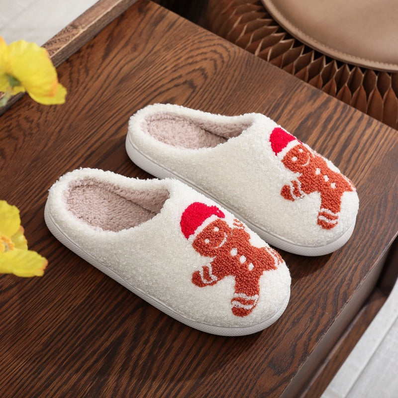 Christmas Gingerbread Man Pattern Unisex Home Winter Furry Slippers