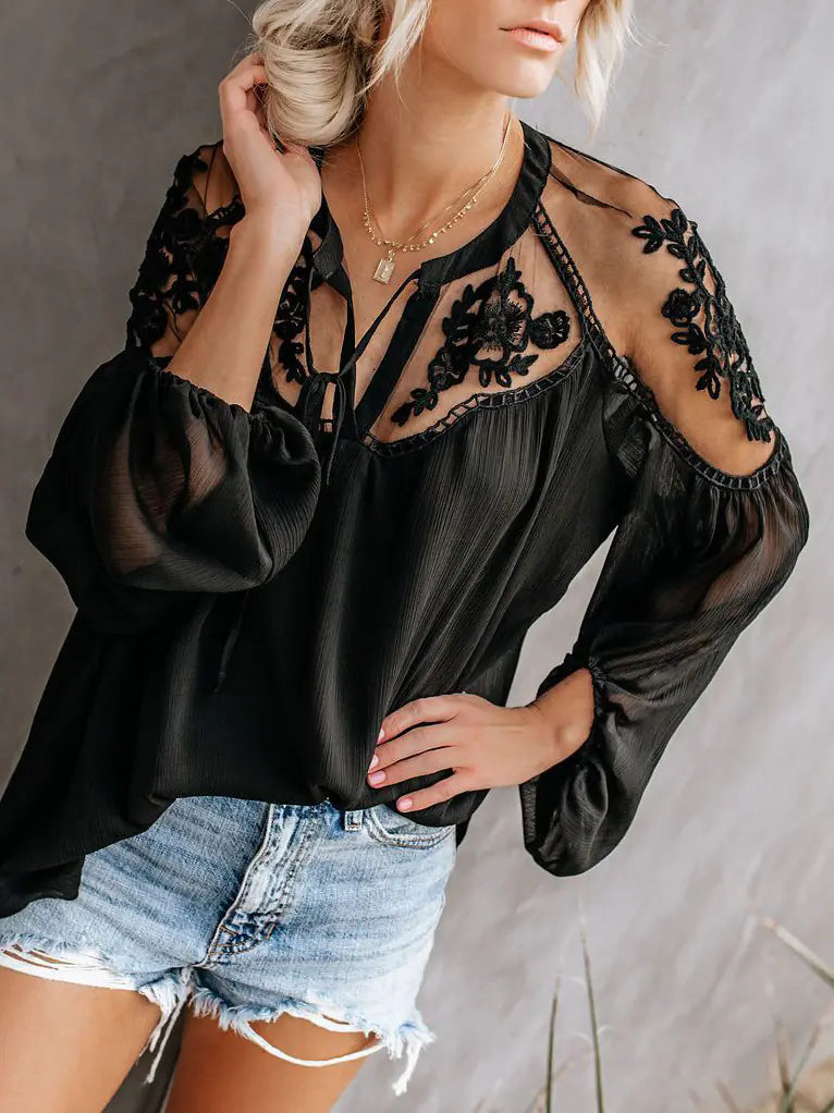 Sexy Sheer V-Neck Lace Blouse Shirt for Women