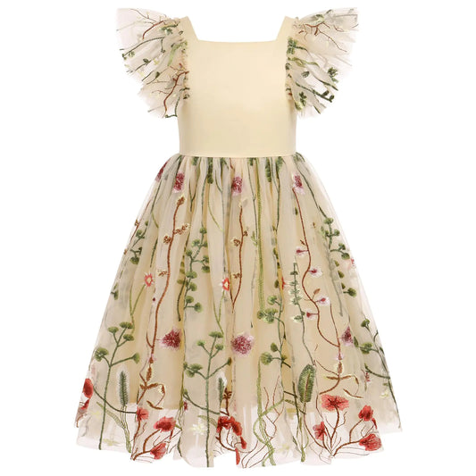 IDOPIP Embroidery Flower Girl Dress for Kids-Baby Wedding Party/First Communion Dresses-Toddler Princess Pageant/Formal Birthday Gown Ruffle Backless Bowknot Puffy Tulle Dress-Apricot/Floral - 4-5 Years - # GIAA211710027