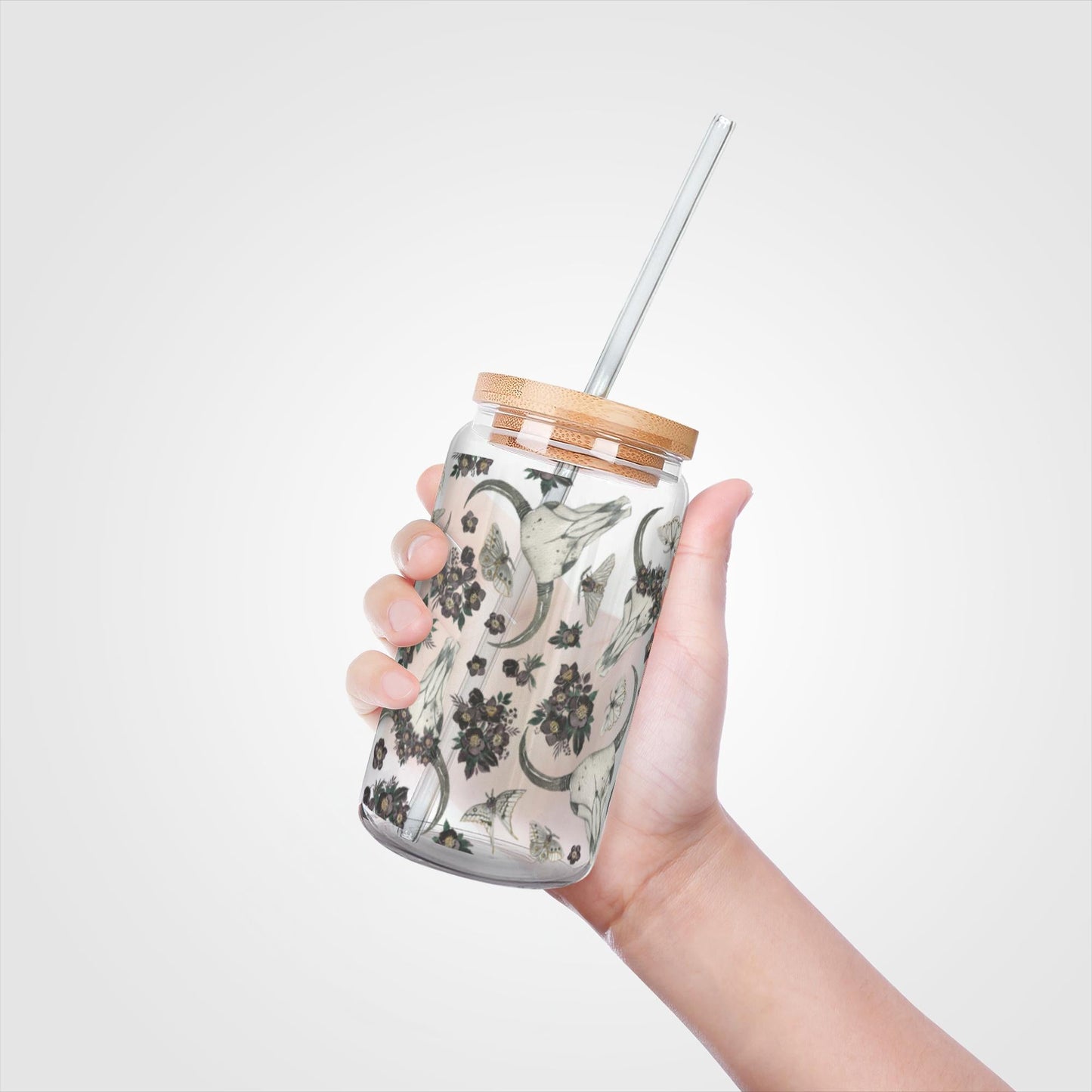 Boho Skull Moths Clear Glass With Lid and Straw