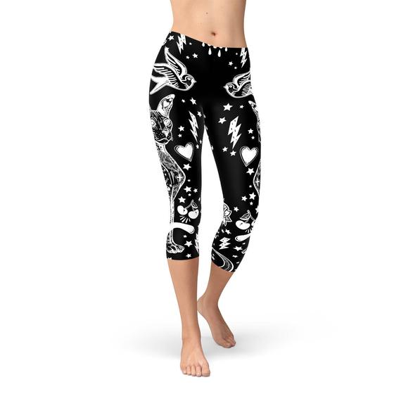 Leggings capri negros con diseño de gato de brujería para mujer