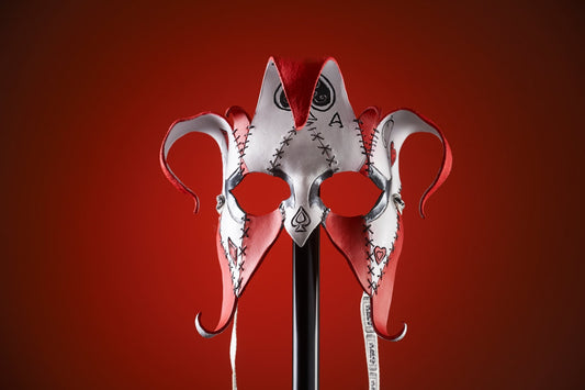 The Joker's Card-Joker Jester Handmade Genuine Leather Mask in Red