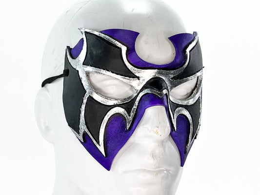 Máscara de lucha libre de superhéroe hecha a mano, de cuero genuino, en morado y plateado