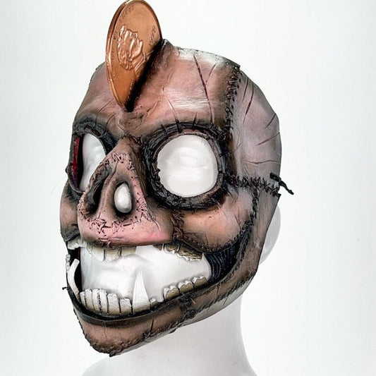 Hucha Demented - Máscara de Cuero Genuino - Moneda de Cobre Real - Cubre Rostro Completo Hecho a Mano para Disfraz de Halloween o Actuación