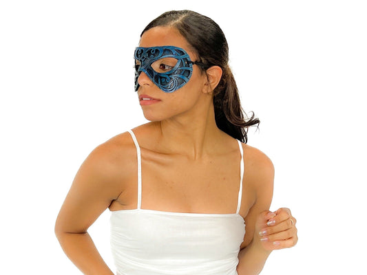 Antifaz Doble Capa de Cuero Genuino Hecho a Mano para Mascarada, con Adornos, en Azul y Negro