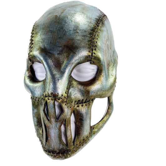 Invasor - Máscara de cuero genuino con pintura metálica corroída - Cubierta facial completa hecha a mano para Halloween, performance o cosplay