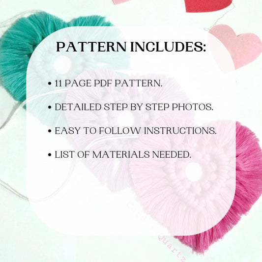 Patrón PDF de tutorial de dije de macramé de corazón para espejo retrovisor.