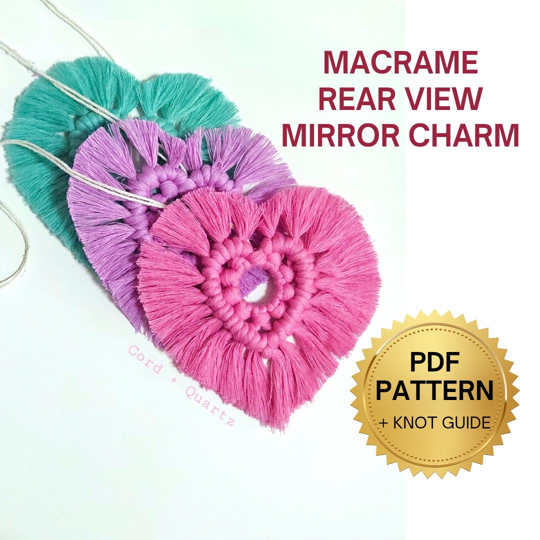 Macrame heart rear view mirror charm pdf pattern tutorial.