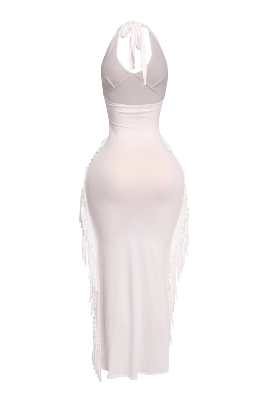 Vestido halter con flecos y detalles