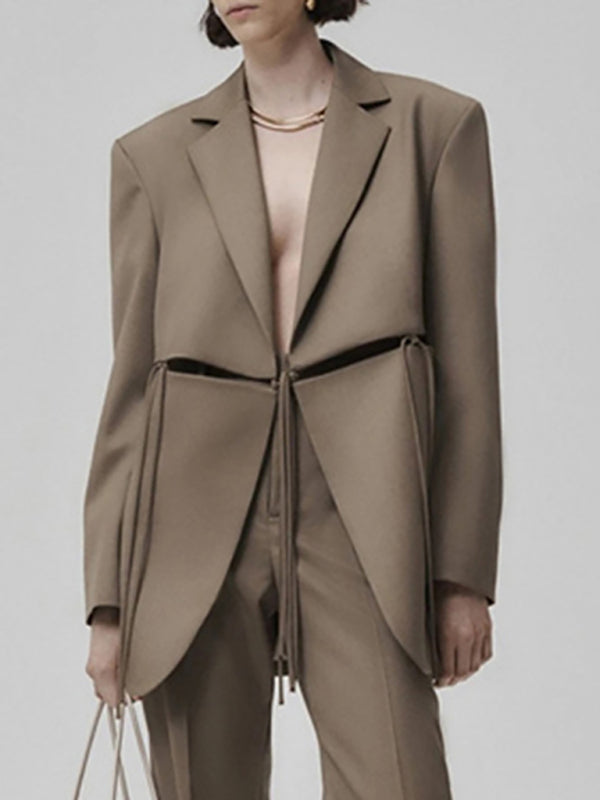 Women's Long Sleeve Blazer - Lapel Collar - Cotton Blend - Casual