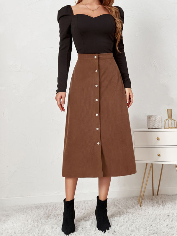 Corduroy Skirt Women Single Breasted High Waisted Mini