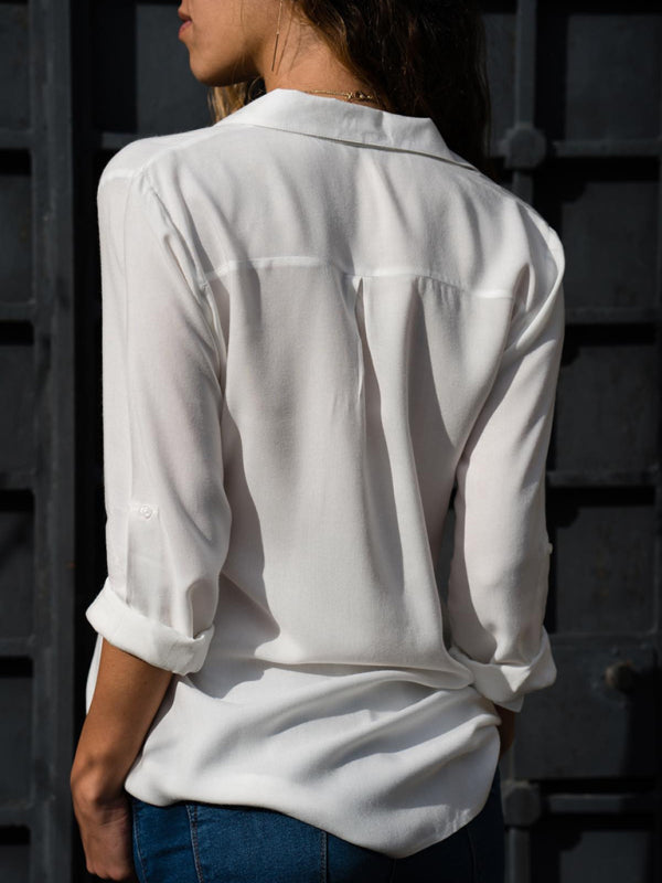 Chic Lapel Collar Blouse Women Deep V Neck Long Sleeve