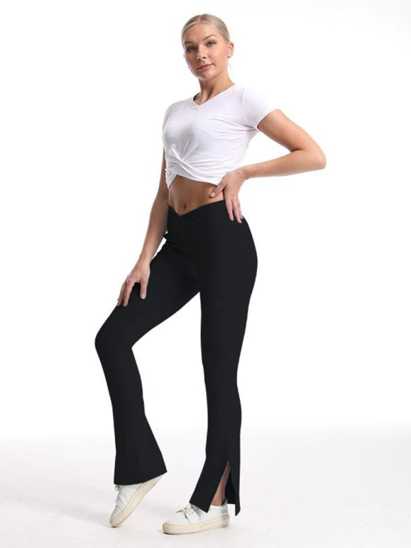 Women's High-Waist Wide Leg Pants - Slit Design & Tummy Control