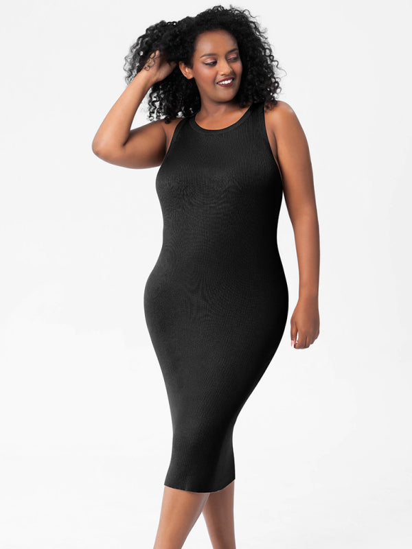 Modern fat mm round neck vest bottoming tight hip knit dress