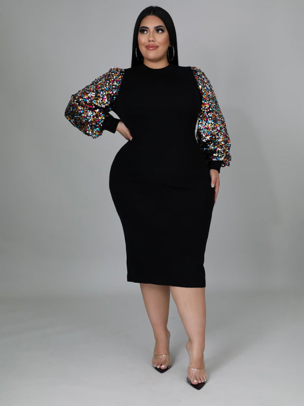 Modern Plus Size Ladies Sexy Solid Color Sequin Puff Sleeve Dress