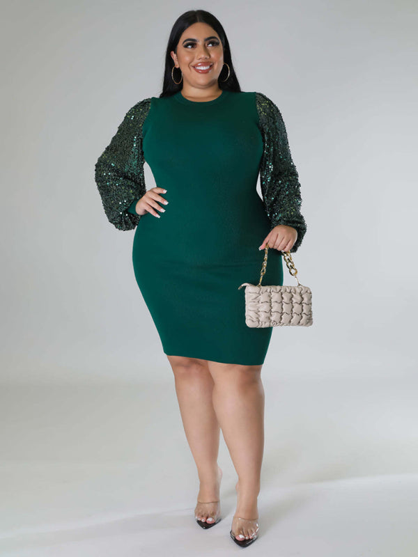 Modern Plus Size Ladies Sexy Solid Color Sequin Puff Sleeve Dress