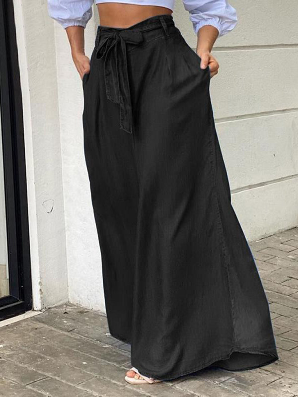High Waisted Denim Maxi Skirt - Strappy Plus Size Long Skirt for Women