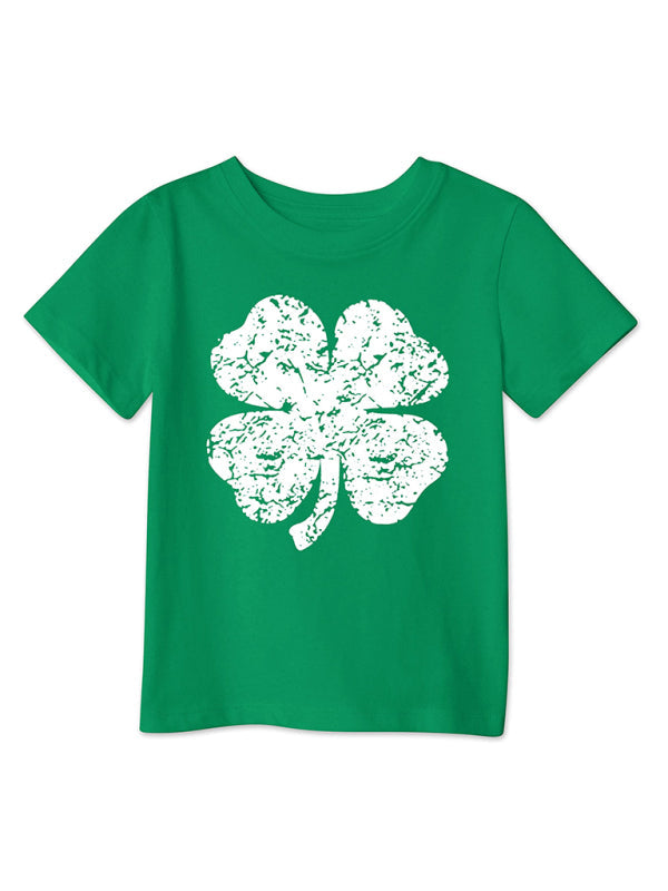 Modern style green clover printed loose pullover short-sleeved T-shirt for boys and girls
