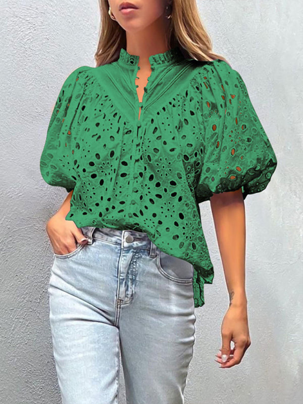 Puff Sleeve Embroidered Shirt - Romantic Style Blouse for Women