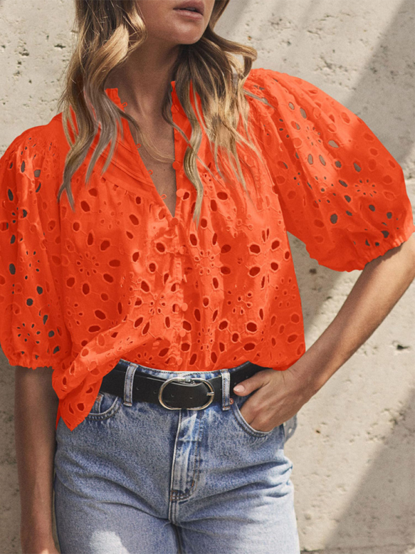 Puff Sleeve Embroidered Shirt - Romantic Style Blouse for Women