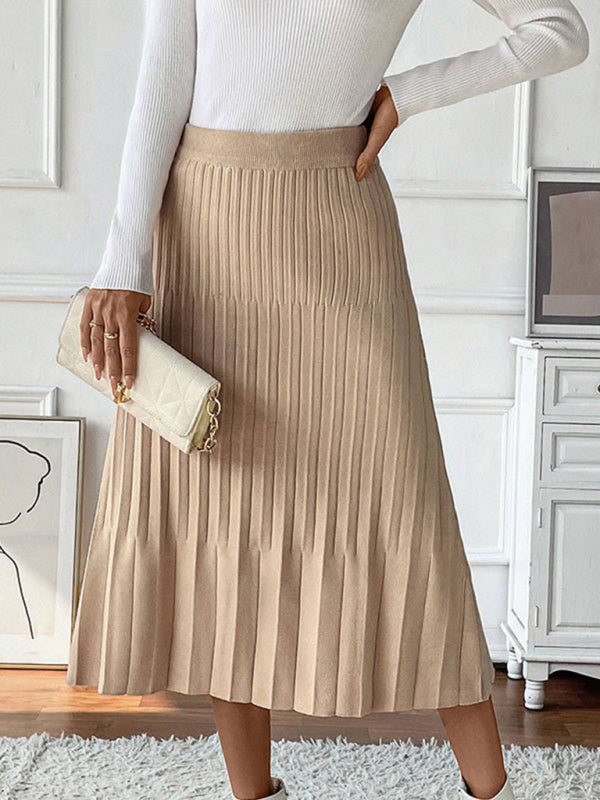 Pleated Knit Skirt for Women - Elastic Waist A-Line Midi Skirt