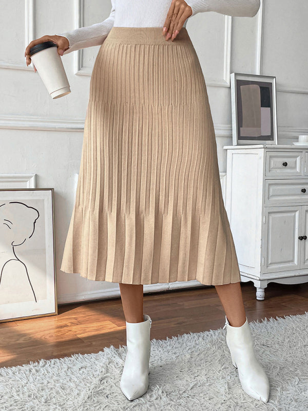 Pleated Knit Skirt for Women - Elastic Waist A-Line Midi Skirt