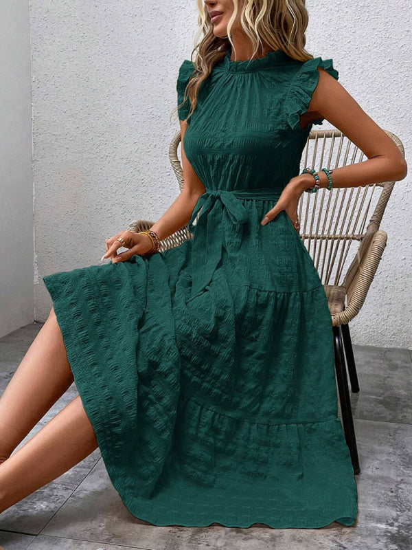 Ruffled Flying Sleeve Lace-Up Textured Dress - Spring Summer Fashion
