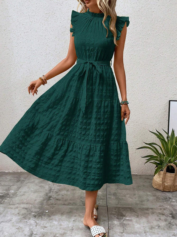 Ruffled Flying Sleeve Lace-Up Textured Dress - Spring Summer Fashion